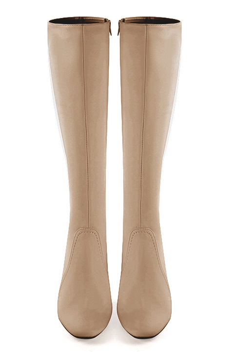 Tan beige women's feminine knee-high boots. Round toe. High block heels. Made to measure. Top view - Florence KOOIJMAN